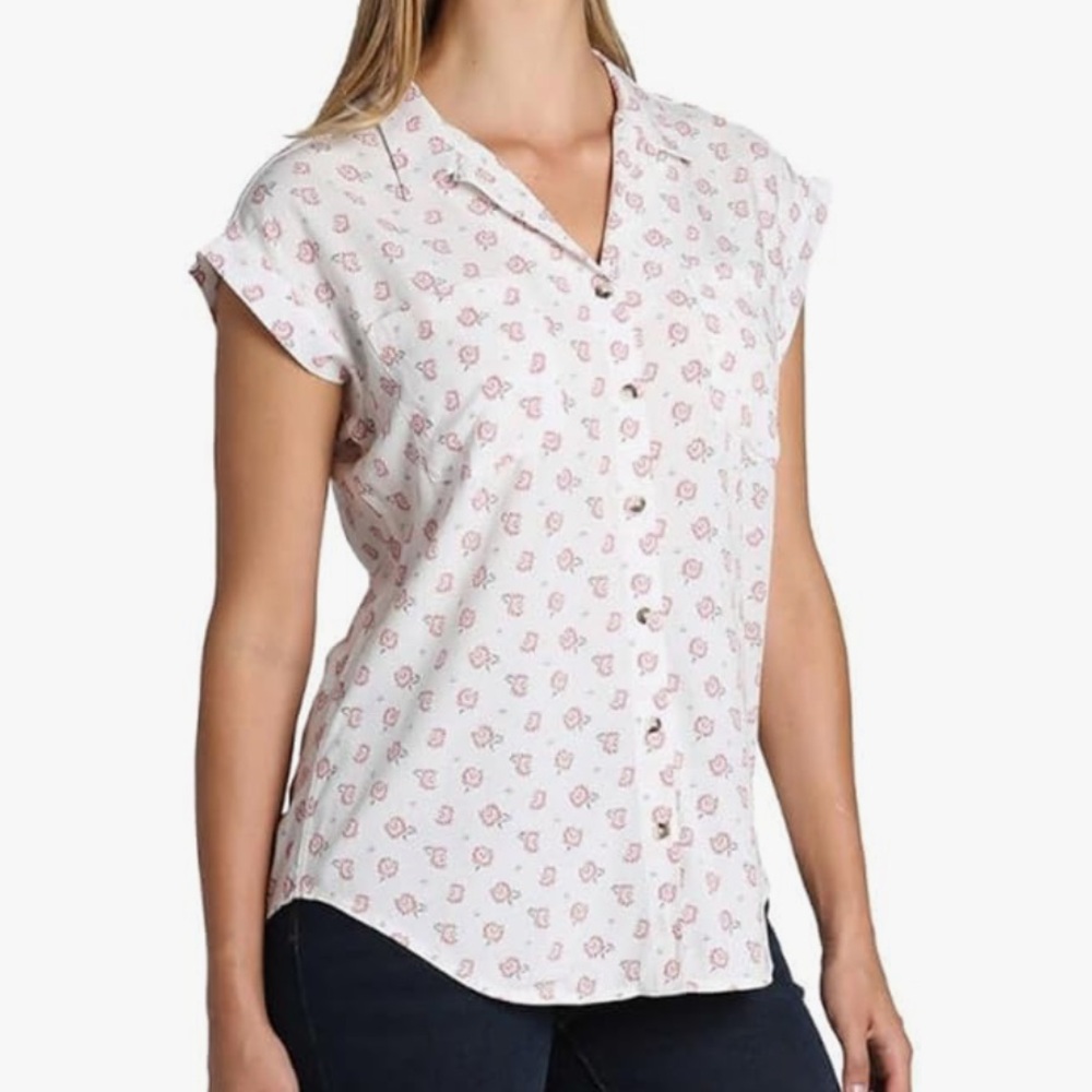 JACHS Girlfriend Cap Sleeve Button Down Shirt White with red floral print Size L